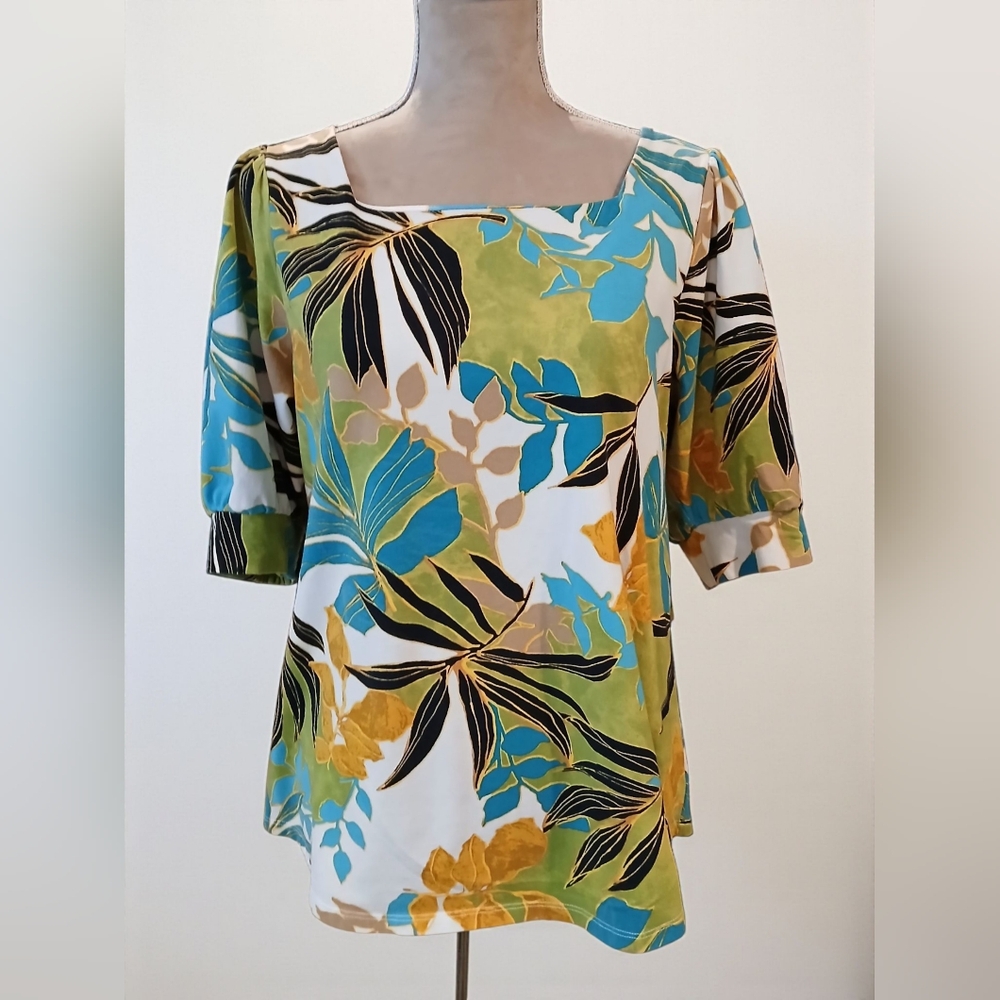 Chicos Tropical Square Neck Puff Sleeves Tshirt Tropical Classic Large Artsy